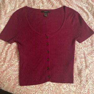 Forever 21 Burgundy Short Sleeve Cropped Button Down